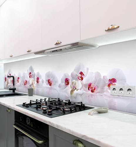 MyMaxxi Küchenrückwand Folie selbstklebend matt - einfache Montage ohne Bohren 0,4mm stark Versteift - Motiv Orchidee Weiß 60cm hoch - Spritzschutz Küche Klebefolie - Blume weiß rot 400 x 60cm