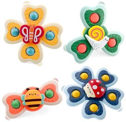 4 stycken sugkoppsleksaker baby, badleksaker baby från 3 månader, främjande av motoriska färdigheter och sensoriska produkter, säker badleksak spädbarn, sugpropp spinnleksak 1–3 födelsedagspresent