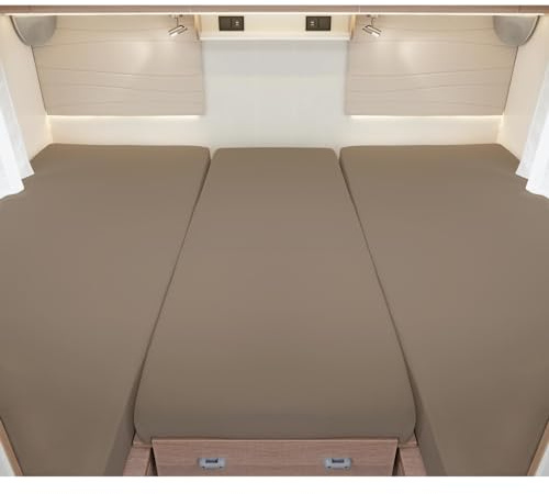 G BETTWARENSHOP – Spannbettlaken für Wohnmobile & Wohnwagen – Spannbetttuch Set 3-teilig für 2 Längsbetten + Mittelteil – Jersey Bettlaken für Heckbetten 2 Längsbetten + Mittelteil, Taupe