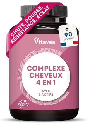 Complexe Cheveux 4en1 avec Biotine - Pousse de Cheveux, Chute de Cheveux, Brillance, Force - 8 Actifs dont Zinc et Roquette - 90 gélules - Vegan, Fabriqué en France - Vitavea