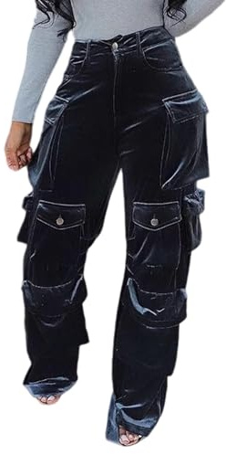 Vakkest Womens Straight Leg Velvet Pants with Pockets Casual Velour Elastic High Waist Trousers Lounge Soft Sweatpants Blue