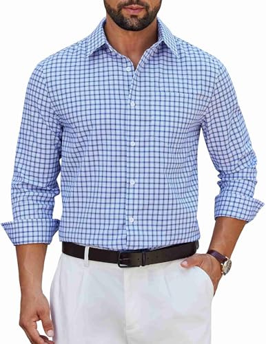 COOFANDY Mens Plaid Button Down Shirt Cotton Long Sleeve Dress Shirts Formal Wedding Summer Shirts
