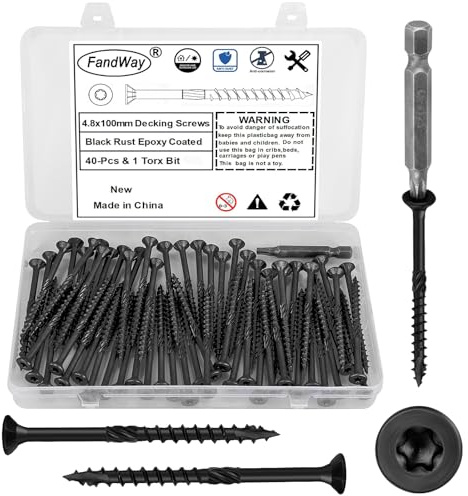 FandWay 4.8x100mm Deck Screws 40Pcs,Torx Drive Wood Screws, Flat/Countersunk Head Screw,Rust Resistant epoxy Coated, Black, T25 Star Bit.