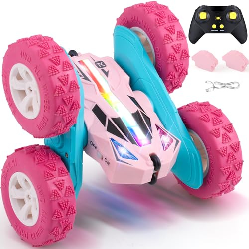 Threeking Pink Remote Control Cars RC Stunt Flip Car Crawler Toys Girls 6+ | Quick-Swap Modular Battery, Double-Sided Stunt RC Car, Durable, Auto Demo, Soft Lights – Gifts for Kids Ages 6-12