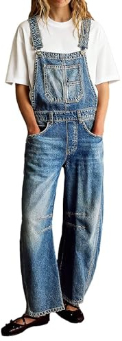 Flamingals Overalls Barrel Leg Adjustable Strap Denim Pants Jumpsuits with Pockets Jeans for Women Mid Blue 2XL