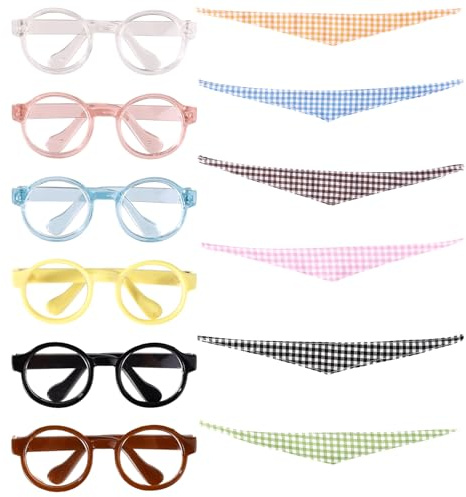 6pz Mini Bambola Occhiali e 6pz Bavaglino, Plastica Occhiali da Bambola Colorati e Adorabili Accessori Bavaglini Perfetti per Collezionisti Esposizione o Fotografia (Colori Multipli)