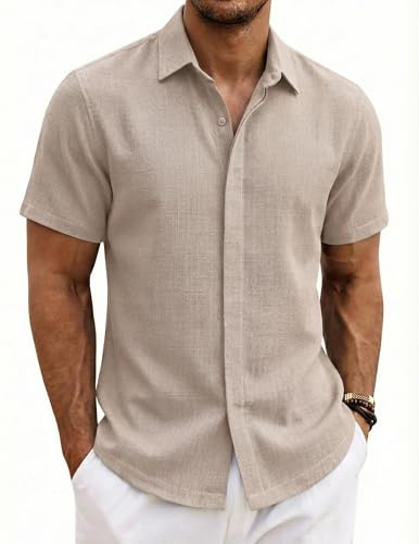 COOFANDY Chemise Homme Manches Courtes Coton Été Chemise Casual Homme Plage Vacances Confort Respirante avec Boutons Cachés