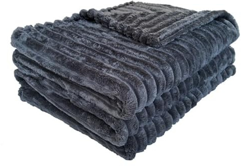 Luxury Faux Fur Ribbed Blanket Sofa Large Throw - Thermal Warm & Cosy Thick King Fluffy Throws - Double Fleece Blanket Throw For Sofa Bed Couch (Charcoal, Double)