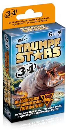 TRUMPFSTARS Gli animali più mortali e pericolosi del mondo Gioco di carte 3 in 1 – Trumpf Quartett Black Peter – 50 carte Mega Pack – dai 6 anni – per 2+ giocatori – Confezione senza plastica