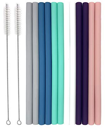 Senneny Set of 12 Silicone Drinking Straws for 30oz and 20oz - Reusable Silicone Straws BPA Free Extra Long with Cleaning Brushes- 12 Straight- 8mm diameter