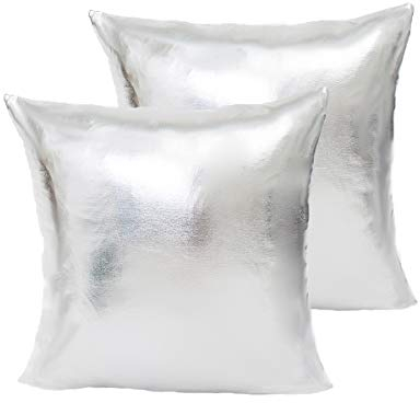 LiiZee 2 Stück Dekorative Kissenbezüge Modern Metallic Glänzend Kissenbezug Kunstleder Weich Quadratisch Kissenbezug für Sofa Bett Party 45,7 x 45,7 cm Silber