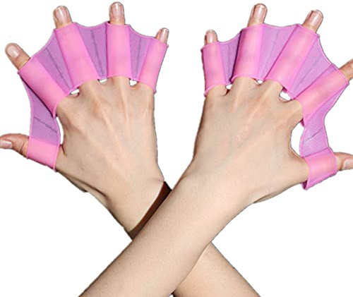 EXCEREY 2 Pair Silicone Swimming Gloves Finger Frog Type Webbed Aquatic Training Water Resistance Fitness Paddle Aerobics for Men Women Kids (Pink, Size S)