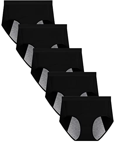Yintry Mutandine per Il Ciclo mestruale da Donna Intimo a Tenuta stagna in Cotone Pantaloni di Protezione dal Flusso Pesante Slip Traspiranti Confezione da 5 (XXL, 5Nero)