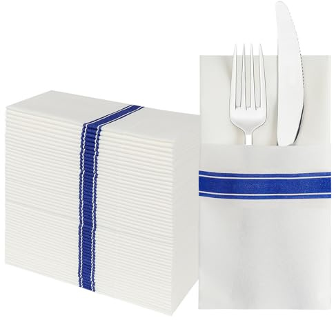 JEBBLAS Engångs linnekänsla servetter, inbyggd bestickficka, dekorativa bröllopsservetter med rostryck, vikta tyg som festservett, mjuk, stark, absorberande och förvikt, 50-pack blå.