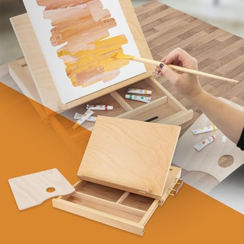 ECD Germany Tischstaffelei aus Holz mit Schublade und Palette, Holzstaffelei klein mit Aufbewahrungsfach, Sitzstaffelei tragbar & verstellbar, Kofferstaffelei zum Malen & Zeichnen, Malkoffer Malkasten