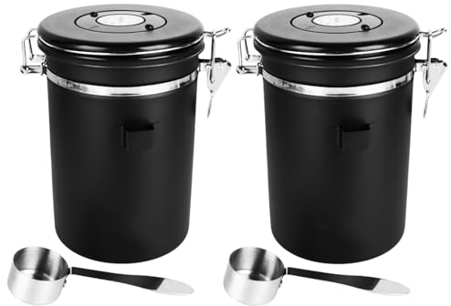 WOPPLXY 2PCS Coffee Bean Storage Container 1800ML - Airtight Coffee Container with Date Tracker - Black Airtight Coffee Canister Storage Jar with Measure Spoon