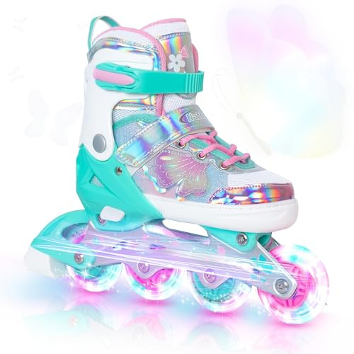 Kids Inline Skates for Girls Boys - Teal Blades Roller for Kids Age 4 5 6 7- Adjustable All Light up Wheels Indoor Outdoor Sports Birthday Gift for Son and Grandson