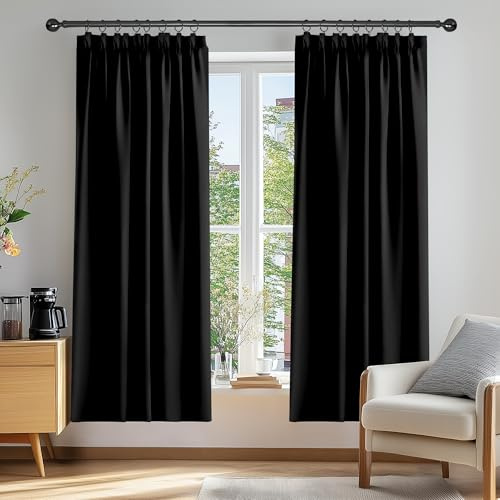 Deconovo Pencil Pleat Blackout Curtains Bedroom, Thermal Insulated Energy Saving Tape Top Curtains 84 Inch Drop, Super Soft Black Out Curtains, 66 x 84 Inch, Black, Two Panels