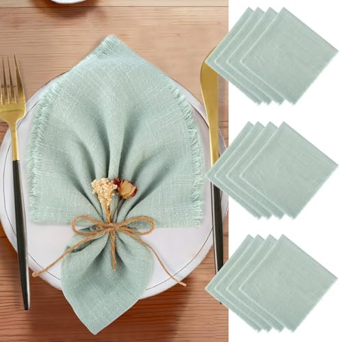 12 Stück Stoffservietten, Baumwolle Servietten Stoff, 42 x 42cm Leinen Servietten, Weiche Stoffservietten Grün mit Fransen für Hochzeit Geburtstag Tischdekoration