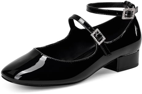 GENSHUO Zapatos Mary Jane con Correa en el Tobillo, Punta Cuadrada, Planos y livianos, Hebilla con Delicado Adorno de Diamantes de imitación, Negro, 37 EU
