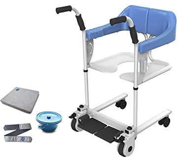 LXWKAI Silla de transferencia de pacientes, silla elevadora de transferencia de pacientes con inodoro para ducha, silla de ruedas portátil para coche, silla de transporte de mesita de noche, cojín y
