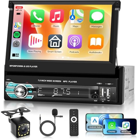 Hodozzy Single Din Flip Out Car Stereo Wireless CarPlay Android Auto,7 Inch HD Touch Screen Bluetooth 1 Din Car Radio with SWC Mirror Link FM Radio DSP USB/TF/AUX/MIC Remote Control+Reversing Camera