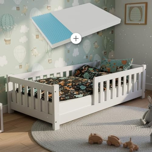 Juskys Lit au Sol Enfant Naya 80x160 cm avec Matelas, Barrière de Sécurité et Sommier à Lattes, Lit à barreaux Montessori en Bois Massif Pin pour Enfants, Blanc