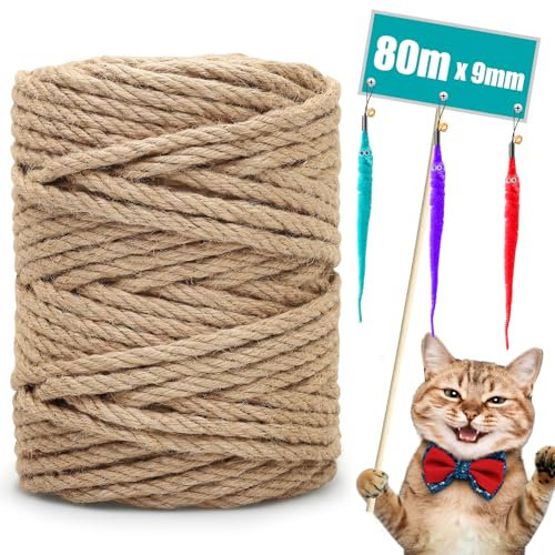 Kulamo Sisal Naturel Corde Arbre à Chat 80M x 9MM avec 3 Jouets Souris pour Réparation et Remplacement de Scratch Pilier, Arbres à Chat, Décoration de Maisons