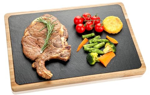 HALE OTEIR Schiefer Servierbrett Holz, Servierplatte aus Akazienholz mit Schiefer, Käsebrett Set, Schieferplatten Buffet-Platte Käseplatte - Perfekt für Antipasti