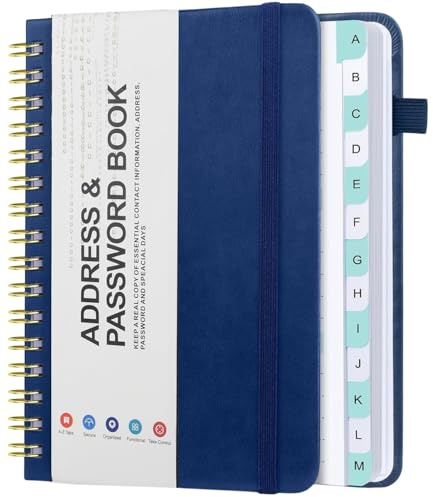Carnet d'adresses et mots de passe avec onglets alphabétiques, organiseur d'adresses avec reliure en spirale, couverture rigide, carnet téléphonique, carnet de mots de passe, gestion des mots de passe
