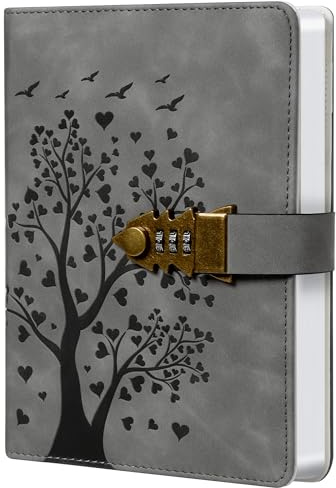 HwxBen Journal Intime A5 avec Cadenas – 244 Pages, Motif Arbre en Cœur, Gris, Carnet Verrouillable avec Serrure à Combinaison et Marque-Page, Parfait pour Notes, Projets et Organisation Quotidienne