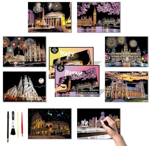 DESINIK Scratch Painting Art Paper - Scratch Art for Adults & Teens: Premium DIY Craft Kit with Tools - Creative Adult& Teens Crafts for Home Decor & Stress Relief（Europe Series II） A4
