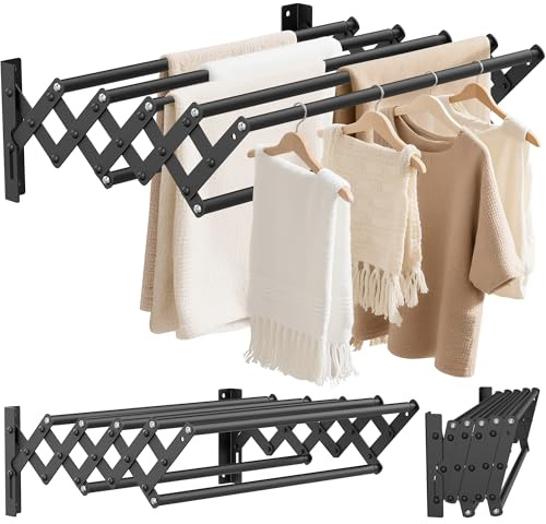 OUUTMEE Stendibiancheria da parete in acciaio inox, allungabile, portata telescopica anteriore e posteriore, 12 ~ 36 cm, con sette tiranti, portata 25 kg (nero)