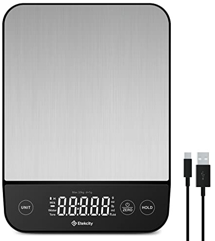 Etekcity Küchenwaage, Küchenwaage Digital 1g genau, 10kg Kitchen Scale mit LED-Display, Tare-Funktion, USB-Aufladung, Präzisionswaage für Küche, Edelstahl