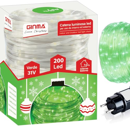 GINMA - Luci Natale LED Interno e Esterno con 8 Effetti Luce, Certificate IP44, Basso Consumo e Impermeabili - Cavo Trasparente (Verde Smeraldo, 14 Metri (200 LED))