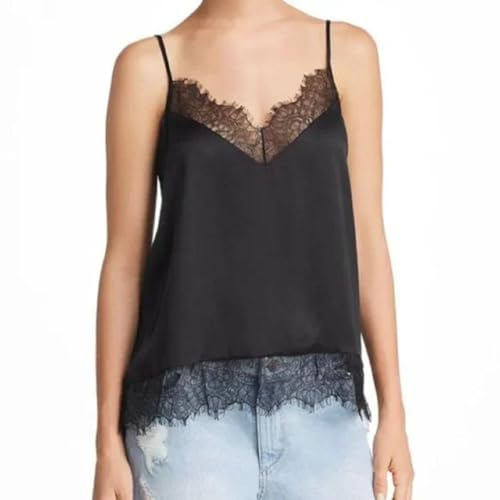Betrodi Canotta da donna in raso con bordo in pizzo e scollo a V, spalline sottili, con spacco laterale, in seta, elegante, per uscire, M