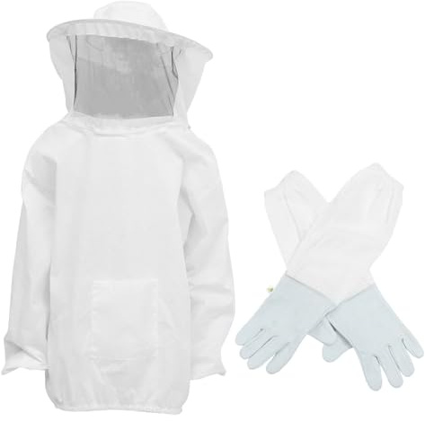 Homoyoyo Combinaison Apiculture Blanche Respirante avec Chapeau Intégré et Manches Longues Résistantes Vêtement de Protection pour Apiculteur Deux Anti-piqûres pour Travail Ruche