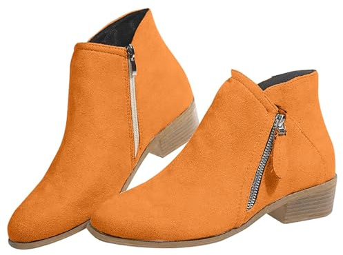 Generisch Botines para mujer, botas occidentales, tacón bajo, botas cortas de un solo color, botas de invierno, con cremallera lateral, botines de equitación, estilo vintage, cómodas botas de