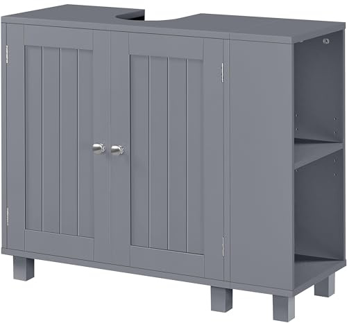 Soberine mobiletto bagno salvaspazio, Ripiani Regolabili, 2 Scomparti dietro l'Anta, per Lavabi con Colonna, con Piedini, 75x30x62 cm, Grigio Scuro