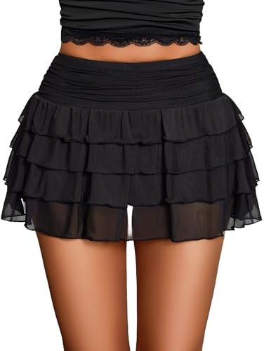 Avidlove Black Mini Skirt Women's Mesh Flowy Ruffle Tiered Short Skirt Y2k Layered Lingerie Skirts