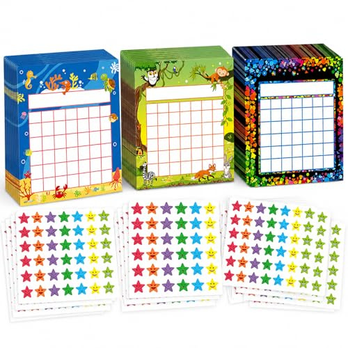 90 Reward Charts for Children with 4500 Star Stickers, 3 Designs | Paper charts in 3 colourful designs; 15.2 x 13.4 cm; tracks routines, chores and progress; for home, nursery or classroom