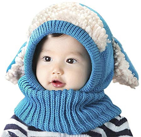 Toddlers Hat Scarf Set in One Infant Boy Girl Animal Coif Hood Cap Winter Warm Knitted Cartoon Pattern Neck Collar Head Wraps Cute Long Ears Kids Outdoor Thick Crochet Cotton Snood Shawl Xmas Gift Kit