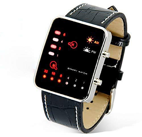 Tnxan Women Sport Casual LED Watches Digital Red Wrist Watch Binary Wristwatch PU Leather Women Mens