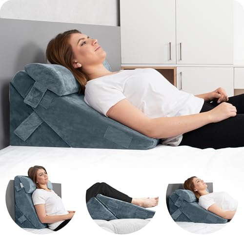 Lunix LX6 - Juego de almohadas ortopédicas de cuña de 3 piezas de apoyo compacto para leer, descansar y elevar las piernas, sin olor, espuma viscoelástica, funda lavable, color azul marino piedra
