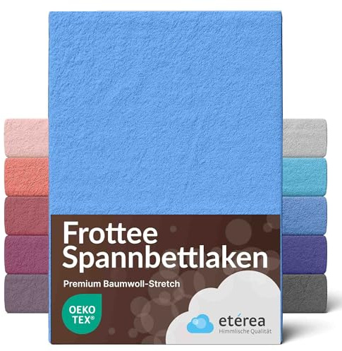 Lenzuolo con angoli spugna 140x200-160x200 cm Azzurro - etérea 80% cotone, elastico tutto intorno, altezza 15-25 cm, MADE IN GREEN by OEKO-TEX, lavabile a 60°C, per materassi e boxspring