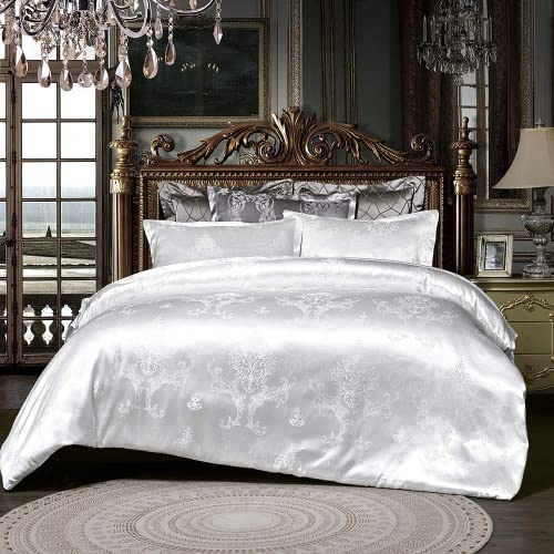 DXHOME Parure de lit en soie 220 x 240 cm en microfibre, satin jacquard blanc réversible, parure de lit 3 pièces avec motif floral, housse de couette en soie, pour lit double - 1 housse de couette 200
