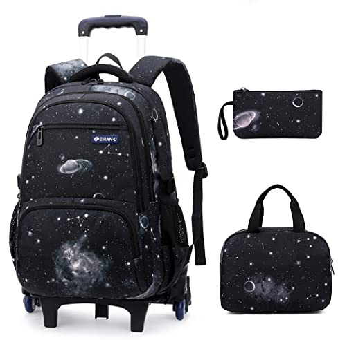 3Pcs Black Galaxy Boys Rolling Backpack Set with Insulated Lunch Bag, Multi-Pocket Trolley Elementary Bookbags School Bags on 6 Wheels