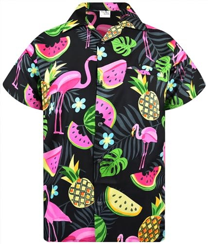 King Kameha Funky Camisa-Hawaiana, Manga-Corta, JK-Flamingo-Melon-Print, Negro, M