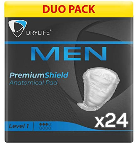 Drylife Men Level 1 Premium Shield Incontinence Pads for Bladder Weakness | Ultra Protection, Discreet Male Design & Active Odour Control for Men (2 Packs of 12)