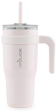 REDUCE Becher mit Griff, vakuumisolierter Edelstahl-Reisebecher mit Trinkdeckel und Strohhalm, hält Getränke bis zu 24 Stunden kalt, schweißfest, spülmaschinenfest, OG Pink Cotton
